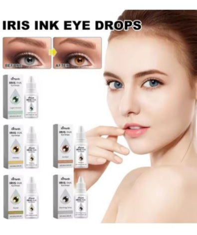 Advertisement for Iris Ink Eye Drops with product packaging and a woman applying the drops.