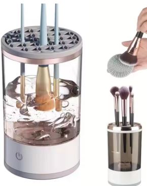 Brush cleaning station with a hand holding a brush over it
