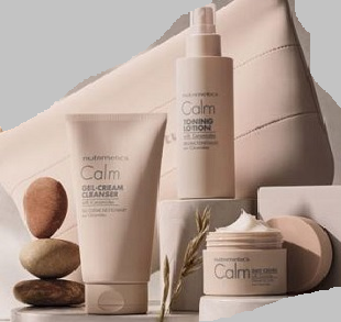 Cosmetic products including a bottle, tube, and jar with 'Calm' branding on a neutral background.