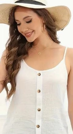 Women'S Beige Ruched Tank Top with Button Detail x2